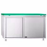 Arbetskåp i rostfritt stål PREMIUM - 1400x600 mm - med 2 skjutdörrar - inkl. skärbräda grön