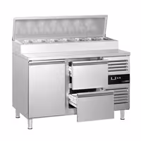Stół przygotowawczy PREMIUM – 1360 mm – na 7x GN 1/3 – z 1 drzwiami i 2 szufladami
