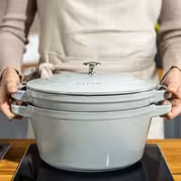 (2 pieces) STAUB | Stackable Cast Iron Cocotte & Pan Set – Ø 24 cm - White Truffle - Enamelled