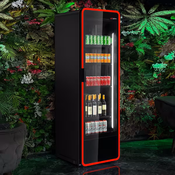 Vitrină frigorifică pentru băuturi - 670 mm - 550 litri - afișaj digital - 1 ușă din sticlă batantă & iluminare LED colorată - temperatură +1/+7 °C - negru