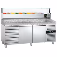 Stół chłodniczy do pizzy ECO – 2000 x 800 mm – z 2 drzwiami i 7 szufladami – z witryną nadstawną chłodniczą LED na 10x GN 1/4