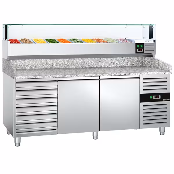 Stół chłodniczy do pizzy ECO – 2000 x 800 mm – z 2 drzwiami i 7 szufladami – z witryną nadstawną chłodniczą LED na 10x GN 1/4