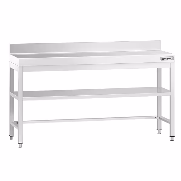 طاولة عمل ستانلس ستيل PREMIUM - 1800x600mm - مع رف سفلي & حاجز خلفي & تدعيم