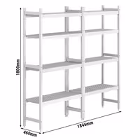 Hyllsystem med plasthyllplan och aluminiumstegar - 1070x460 mm - Djup: 460 mm - med 4 hyllplan - Maxbelastning: 600 kg per sektion