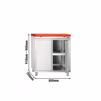 Arbetskåp i rostfritt stål PREMIUM - 800x700 mm - med 2 gångjärnsdörrar - inkl. skärbräda röd