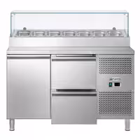 Stół przygotowawczy ECO – 1360 mm – z 1 drzwiami i 2 szufladami – z nadstawką szklaną na 7x GN 1/3