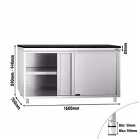 Rozsdamentes acél munkaszekrény PREMIUM – 1600x700 mm – tolóajtóval – gránit munkalapmal