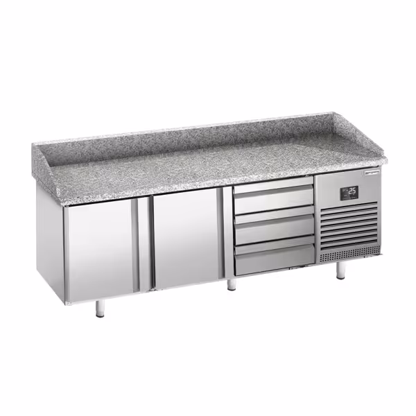 Stół chłodniczy do pizzy PREMIUM PLUS - 1980x1139mm - z blatem granitowym - 2‑drzwiowy, 3 szuflady