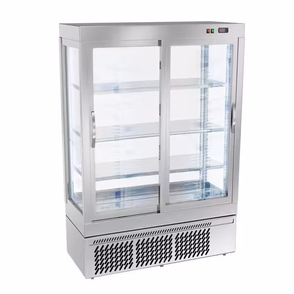 4-Sided Glass Display Fridge - 855L - 1320mm - Double glazing - square - with 3 glass shelves - 2 sliding glass doors - Silver