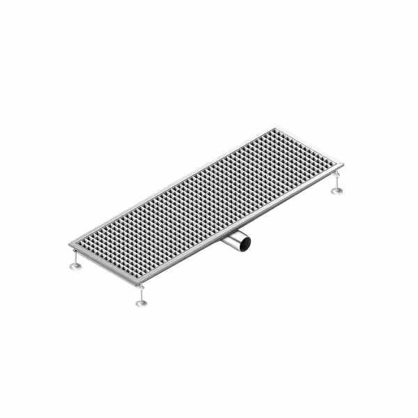 Podni odvod od nehrđajućeg čelika – 1200 x 400 mm – ugradnja u ravnini s podom i bočni izlaz – Ø 70 mm