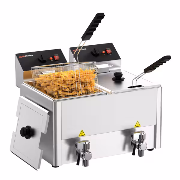 Friteuză electrică dublă - de banc - 8+8 litri - 6,5 kW - control mecanic - cu robinet de scurgere