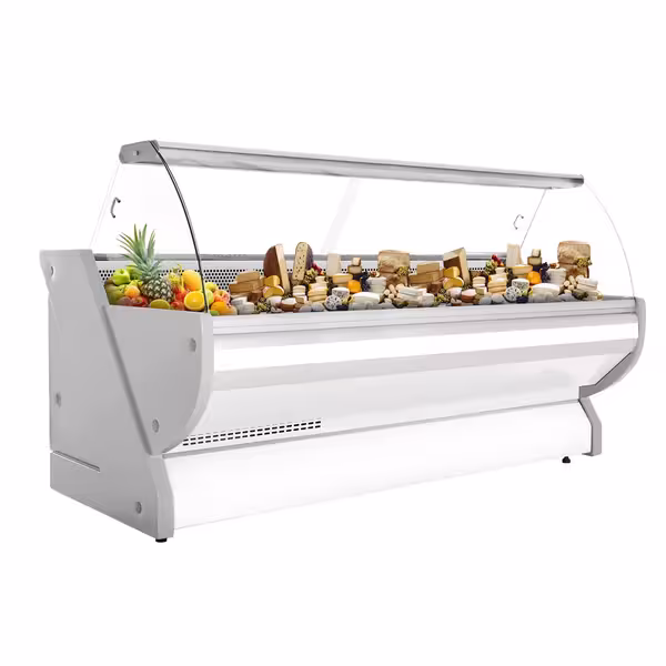 Csemegepult - 2965x1150 mm - 570 liter - statikus - hajlított frontüveges - fehér - gránit munkalap