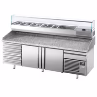 Table réfrigérée à pizza Premium PLUS - 2305 x 800 mm - avec 2 portes & 7 tiroirs - incl. vitrine réfrigérée de présentation - 10x GN 1/3