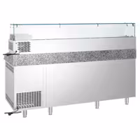 Stół chłodniczy do pizzy PREMIUM - 2100x800mm - z blatem granitowym - 2‑drzwiowy, 5 szuflad - z nadstawką chłodniczą z osłoną szklaną - 10x GN 1/3