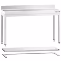 Mesa de trabalho em aço inoxidável PREMIUM - 1400x700mm - com prateleira inferior & com painel traseiro & com travessas de reforço