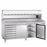 Pizzapult ECO - 2025x800 mm - 2 ajtó + 7 fiók - feltéthűtővel - 9x GN 1/3 - gránit munkalappal