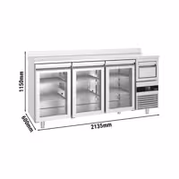 Stół chłodniczy barowy do napojów PREMIUM – 2130 x 600 mm – z 3 drzwiami szklanymi, rantem i odbijakiem do kawy