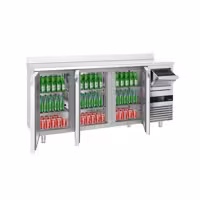 Stół chłodniczy barowy do napojów PREMIUM – 2130 x 600 mm – z 3 drzwiami, rantem i odbijakiem do kawy
