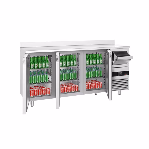 Stół chłodniczy barowy do napojów PREMIUM – 2130 x 600 mm – z 3 drzwiami, rantem i odbijakiem do kawy