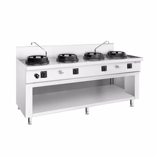 Gázüzemű wok tűzhely - 60 kW - 4 égős - 2 csaptelep