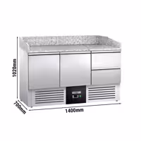 Commercial Pizza Prep Counter - Granite Top PREMIUM - 1400x700mm - with 2 doors & 2 drawers