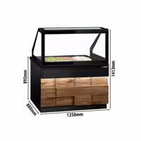 Saladette refrigerata professionale TORONTO - 1250mm - rivestimento frontale in legno - 2 porte - con vetrina in vetro dritto per 3x GN 1/1, 1 ripiano - piano di lavoro in granito nero