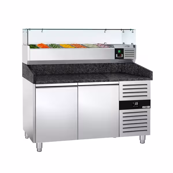 Stół chłodniczy do pizzy PREMIUM - 1500x800mm - z blatem granitowym - 2‑drzwiowy - z nadstawką chłodniczą z osłoną szklaną - 7x GN 1/4