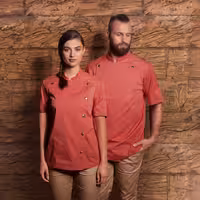 KARLOWSKY | Ġakketta ta' chef b'idejn qosra u stil denim għan-nisa – Aħmar Vintage – Daqs: 34