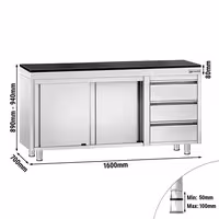 Rozsdamentes acél munkaszekrény PREMIUM – 1600x700 mm – 3 fiókkal a jobb oldalon – gránit munkalapmal