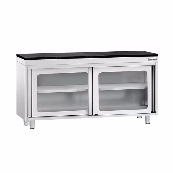 Rozsdamentes acél munkaszekrény PREMIUM – 1600x600 mm – tolóüvegajtóval – gránit munkalapmal