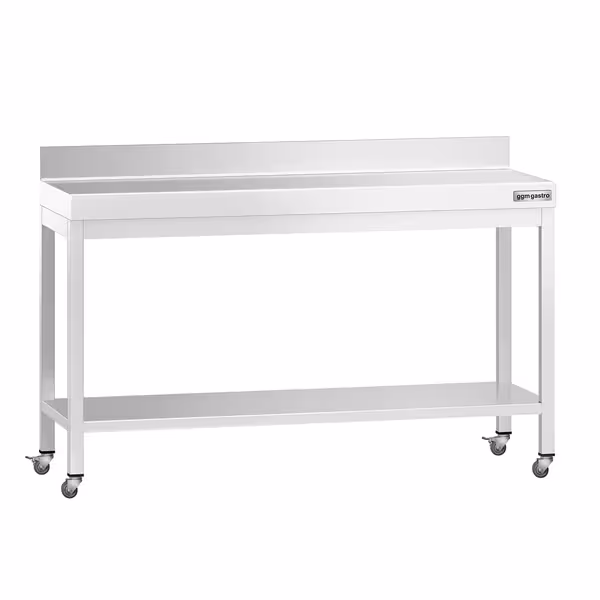 طاولة عمل من الفولاذ المقاوم للصدأ من طراز PREMIUM - 1500 × 800 مم - مزودة بقاعدة سفلية وحافة مرتفعة وعجلات