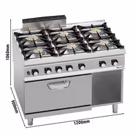 Plinski štednjak - Linija 900 - 1200x900x1060 mm - 60 kW - 6 plamenika - samostojeći - s plinskom pećnicom statičnom - 7,8 kW - GN 2/1