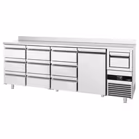 Hladilna miza za bar in pijače PREMIUM – 2690 x 600 mm – z 1 vrati, 9 predali, robom in posodico za kavo
