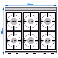 Fogão a gás - 28,5kW - 6 queimadores - aberto com base - com queimadores de alto rendimento