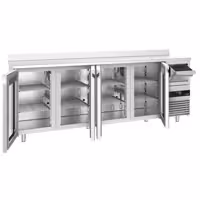 Stół chłodniczy barowy do napojów PREMIUM – 2690 x 600 mm – z 4 drzwiami szklanymi, rantem i odbijakiem do kawy