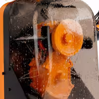 Commercial Electric Orange Juicer - 550W - 63kg - with 15 oranges/min, 65-80mm orange size range, automatic feed, peel collection, safety cover, digital controls - Orange