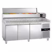 Table réfrigérée à pizza PREMIUM - 2000 x 800 mm - avec 3 portes - incl. vitrine réfrigérée - 10 x GN 1/4