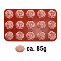 Preša za hamburgere - 15 veličina - plastika - mala - Ø 80 mm - crvena - 15 rupa - 85 g