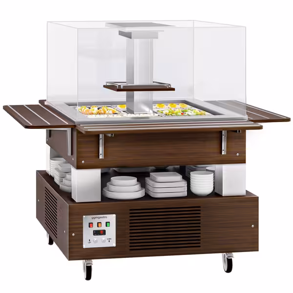 Buffet-tiski kylmä DUBLIN - 1700 mm - varustettu: Kylmävitriini - 4 GN 1/1 -astiaa - pyörillä - ruskea