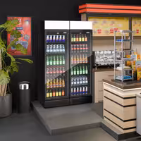 (2 pcs) Commercial Beverage Display Fridge with Illuminated Canopy - 1190mm - 345 Litres - with 2 hinged glass doors - LED lighting - digital controller with temperature display - Black - Temperature range 2 to 10 °C