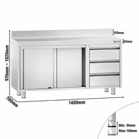 خزانة قاعدية ستانلس ستيل KOPENHAGEN PREMIUM - 1400x700mm - أبواب منزلقة، ووحدة أدراج 3 يمين - مع حاجز خلفي