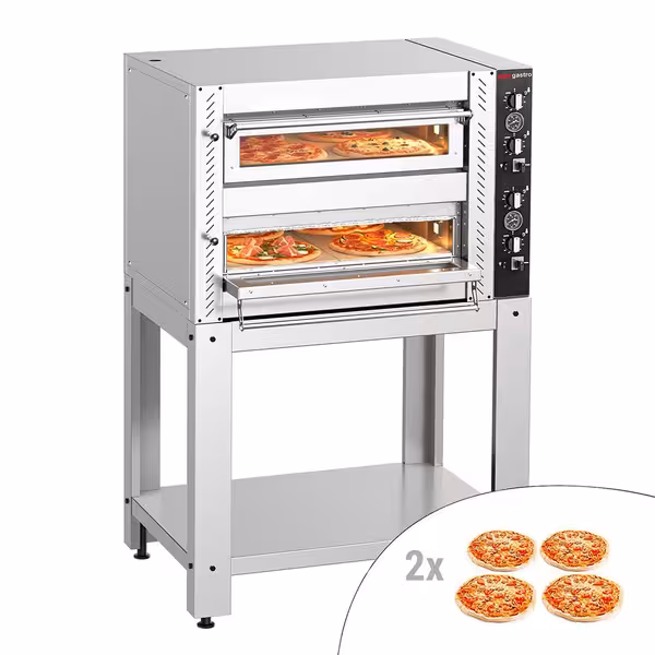 Electric Deck Pizza Oven - Twin Deck - Refractory Stone Deck - 4+4 x Ø 34cm (13.4") - 230V 3 Phase - Mechanical Controls - up to 450°C - incl. Base frame