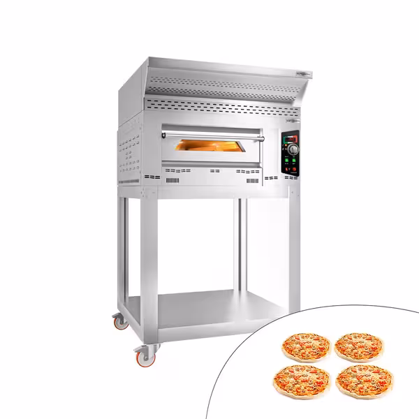 Gas Deck Pizza Oven - Single Deck - Refractory Stone Deck - 4 x Ø 34cm (13.4") - 230V Single Phase - Mechanical Controls - up to 450°C - incl. Stainless steel hood, Base frame & Wheels set