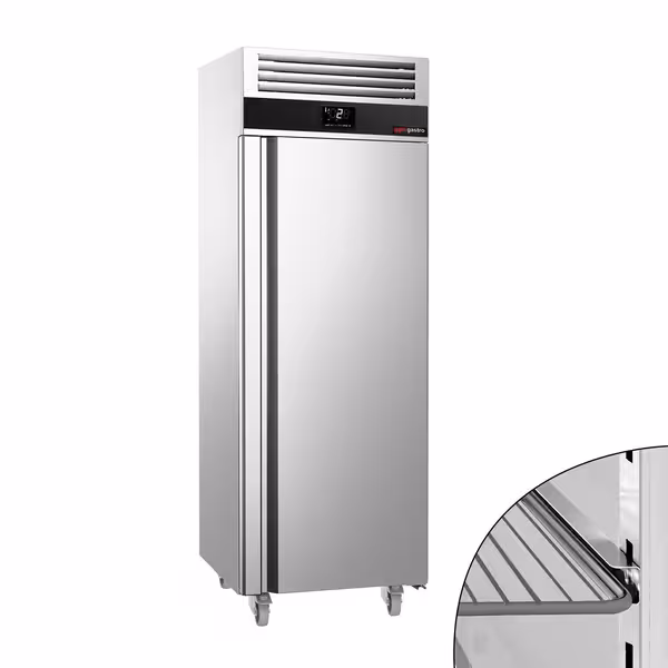 Külmkapp roostevabast terasest PREMIUM - GN 2/1 - 700 mm - 480 l - kuni +8 °C - mitme 1 uks - Rattad, LED‑valgustus, UK jaoks