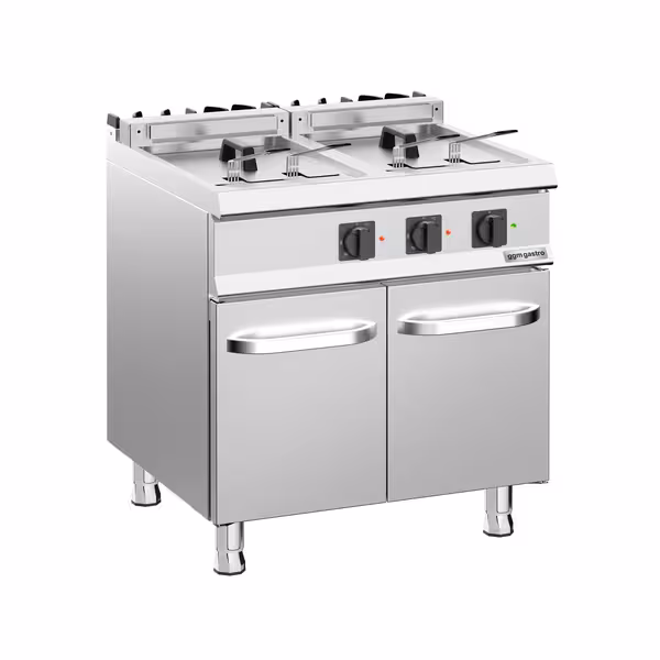 Elektromos dupla olajsütő - álló - 18+18 liter - 28 kW - leeresztőcsappal - alsó szekrénnyel, 2 ajtó