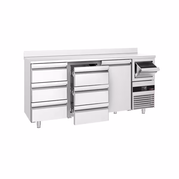Stół chłodniczy barowy do napojów PREMIUM – 2130 x 600 mm – z 1 drzwiami, 6 szufladami, rantem i odbijakiem do kawy
