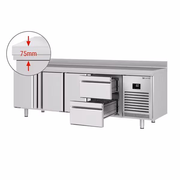 Külmtöölaud PREMIUM PLUS - 2452x700 mm - 625 l - ventileeritud jahutus - koos 3 uksega - Tagaserv