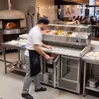 Commercial Pizza Prep Counter - Granite Top PREMIUM - 1400x700mm - with 3 glass doors - incl. refrigerated topping unit with glass sneeze guard LED - 6x GN 1/4
