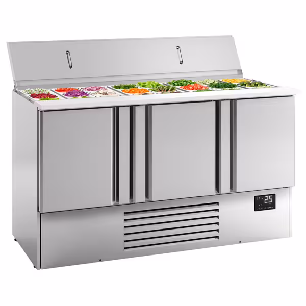 Stół chłodniczy sałatkowy PREMIUM PLUS - 1460mm - 335L - 3 drzwi - z otworem na 9x GN 1/3 & 6x GN 1/6 - pokrywa ze stali nierdzewnej