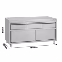 Rozsdamentes acél munkaszekrény ECO – 1600x600 mm – 3 fiókkal és tolóajtóval